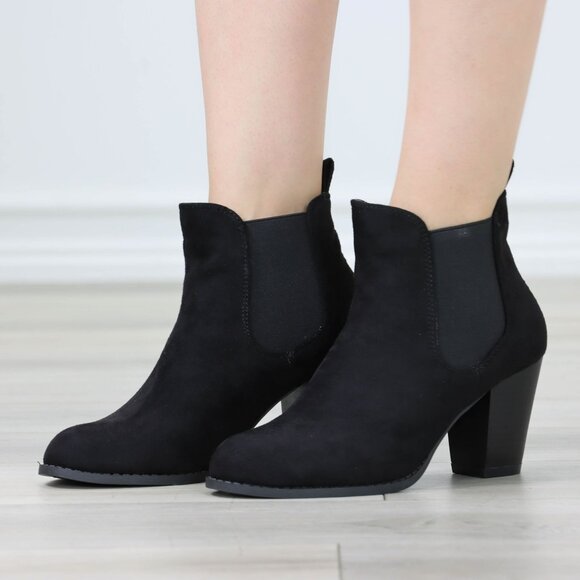 Womens Ankle Boots High Heel Black Elastic Gore Synthetic Suede Round Toe - Picture 7 of 10